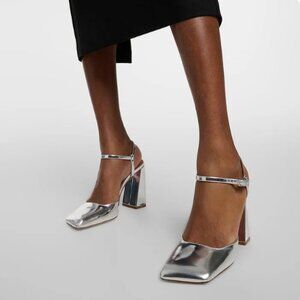 FSJ Metallic Silver Block Heel Pumps Ankle Strap Square Toe Party Shoes